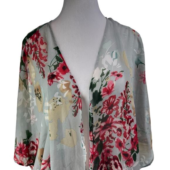 Floral Open Front Kimono Swim Coverup Gray Pink Green One Size - Picture 2 of 4